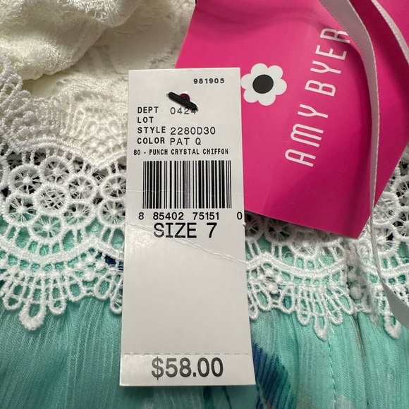 Amy Byer Girls Floral Print w/ Lace‎ Detail Midi Dress Size 7 Turquoise NWT! - Picture 3 of 5